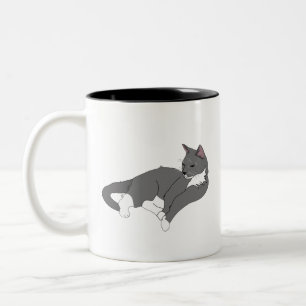 Caneca De Café Em Dois Tons Cinza e Gato de Tuxedo Branco