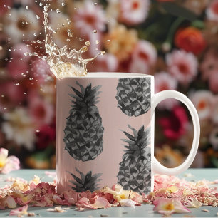 Caneca De Café Em Dois Tons Cinzas Tropicais e Pineanás Rosa Padrão Sem Costur