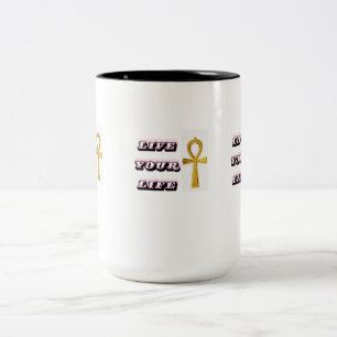 Caneca De Café Em Dois Tons Citação da Vida do Ankh Egípcio - Chave Dourada da