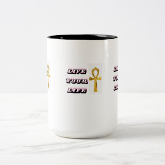 Caneca De Café Em Dois Tons Citação da Vida do Ankh Egípcio - Chave Dourada da