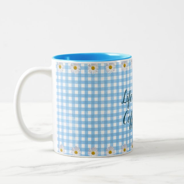 Caneca De Café Em Dois Tons citação do café em gingham (Esquerda)