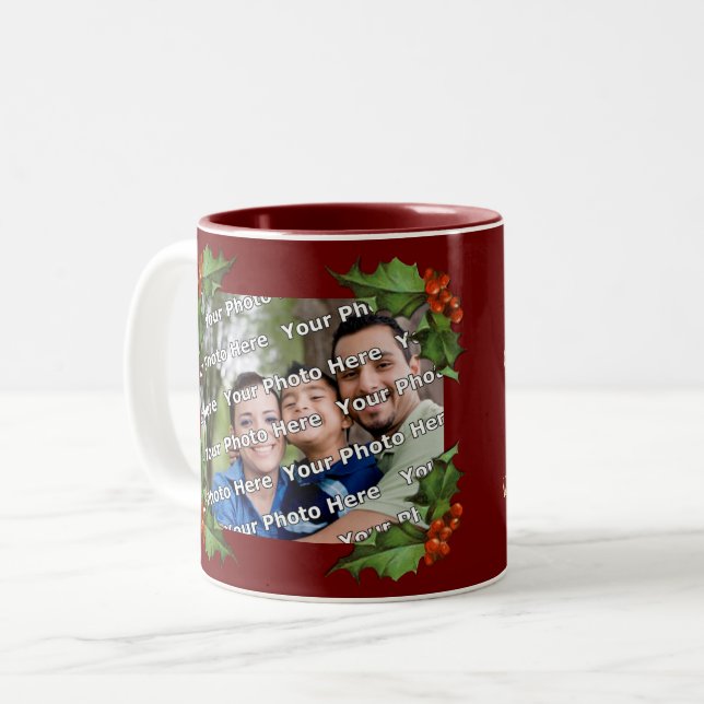 Caneca De Café Em Dois Tons Classic Holly Border Christmas Photo Mug (Frente Esquerda)