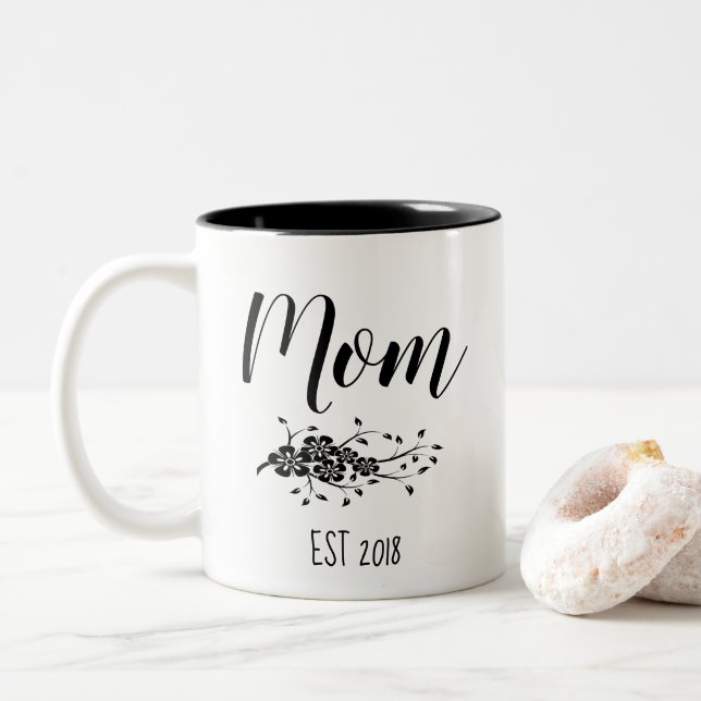 Caneca De Café Em Dois Tons Clássico Preto Branco Floral Mãe Mug (Com Donut)