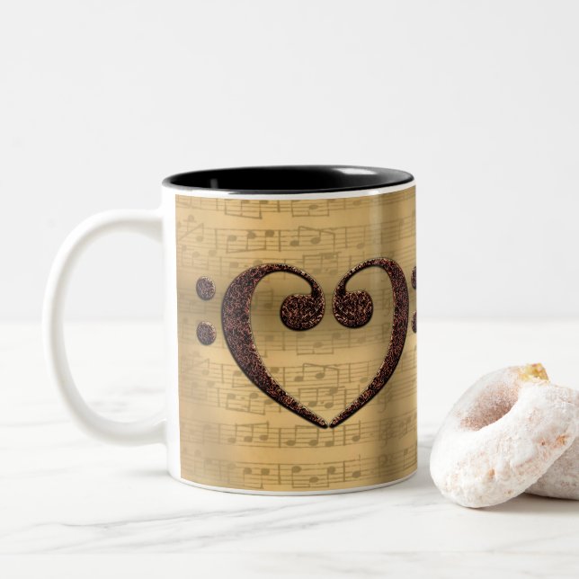 Caneca De Café Em Dois Tons Cobre Dual Bass Clef Heart Music Lover (Com Donut)