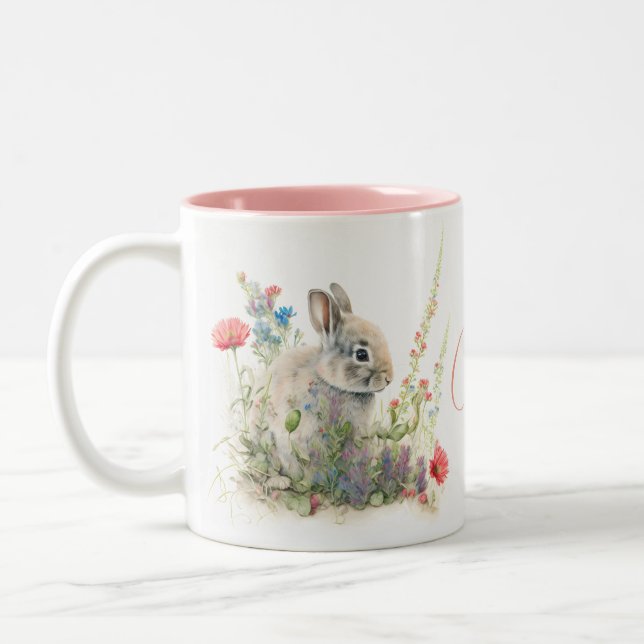 Caneca De Café Em Dois Tons Coelhinho Aquarelado Personalizado com Flores Silv (Esquerda)