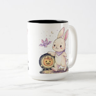 Caneca De Café Em Dois Tons Coelho de Halloween Fofo com Lanterna de Abóbora e