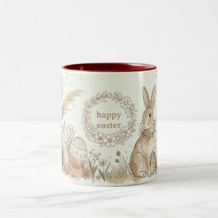 Caneca De Café Em Dois Tons Coelho de Páscoa Boho com Ilustração de Coroa Flor