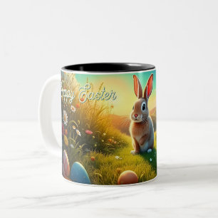 Caneca De Café Em Dois Tons Coelho de Páscoa e Ovos Coloridos na Magia da Prim