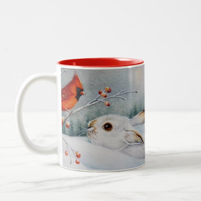 Caneca De Café Em Dois Tons Coelho de Snowshoe Arte de Aquarela Vermelha Cardi (Esquerda)