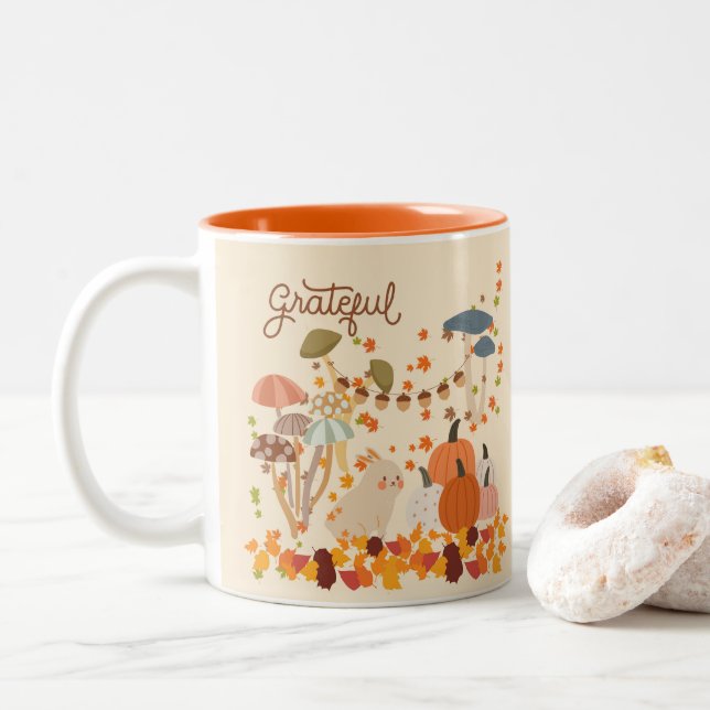 Caneca De Café Em Dois Tons Coelho Grato de Outono (Com Donut)