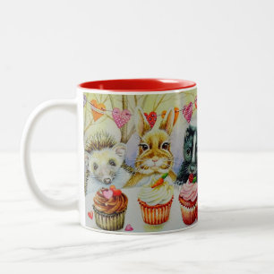 Caneca De Café Em Dois Tons Coelho Hedgehog Skunk & Cupcakes Arte de Aquarela