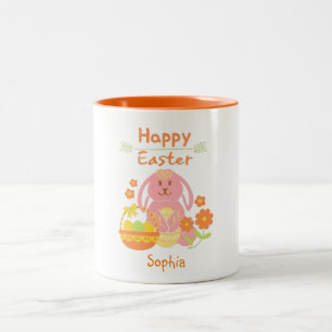 Caneca De Café Em Dois Tons Coelho rosa-felz pascoa e flores