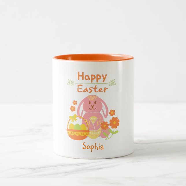 Caneca De Café Em Dois Tons Coelho rosa-felz pascoa e flores (Centro)