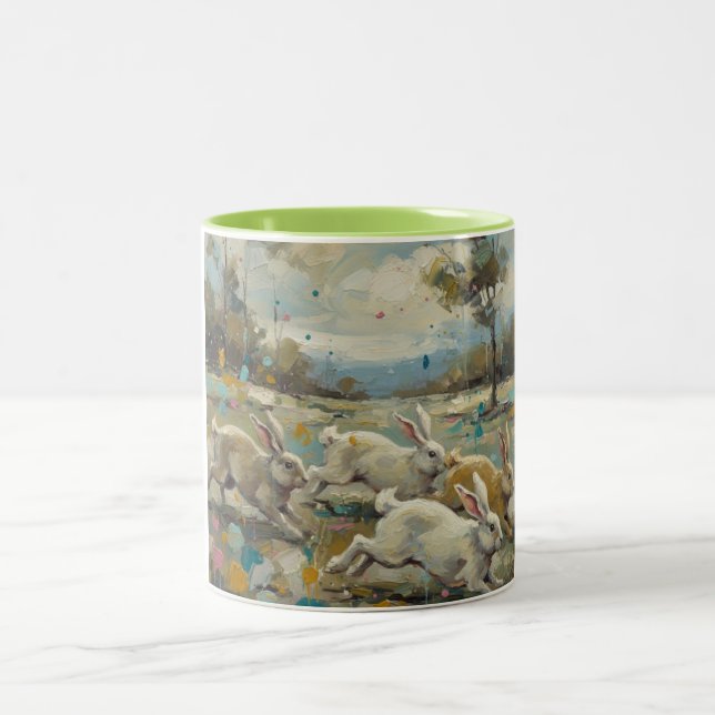 Caneca De Café Em Dois Tons Coelhos Dançantes ao Amanhecer (Centro)