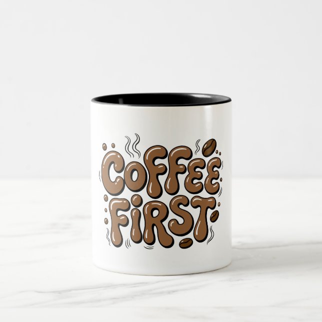 Caneca De Café Em Dois Tons Coffee First Retro Bubble Typography Mug (Centro)