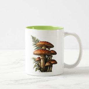 Caneca De Café Em Dois Tons Cogumelos Amanita Vermelhos com Samambaia Botânica