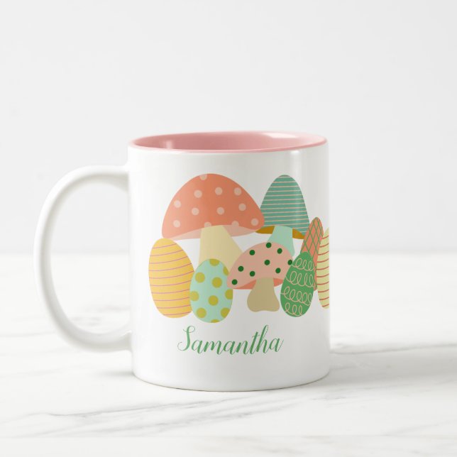 Caneca De Café Em Dois Tons Cogumelos de Ovos de Páscoa e Nome Personalizado (Esquerda)