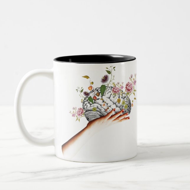 Caneca De Café Em Dois Tons Colagem de Flores Cerebrais (Esquerda)