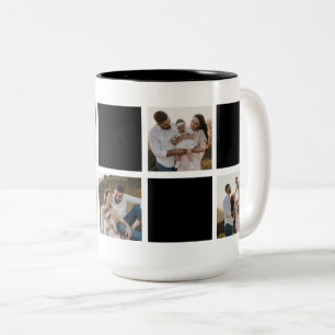 Caneca De Café Em Dois Tons Colagem de Fotos da Família Verificada em Preto Mo