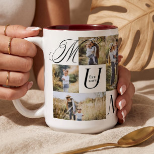 Caneca De Café Em Dois Tons Colagem de Fotos da Mamãe e do Bebê Feliz Primeiro