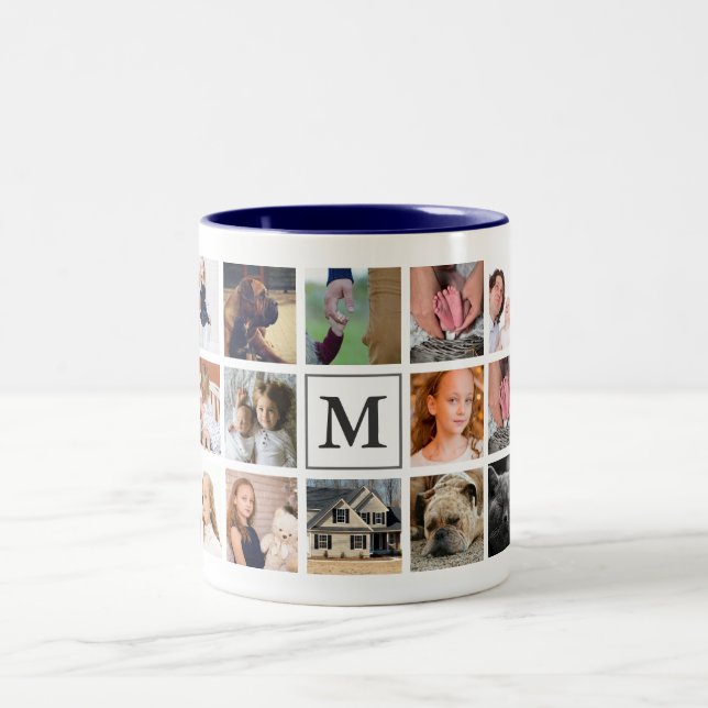 Caneca De Café Em Dois Tons Colagem de Fotos Moderna da Família 20| Monograma (Centro)