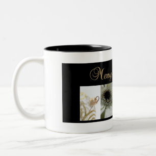 Caneca De Café Em Dois Tons Colagem de Natal Preta, Branca e Dourada