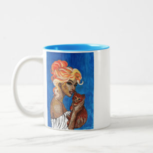 Caneca De Café Em Dois Tons Colagem de Rapariga com Gato em Jornal Antigo Capr
