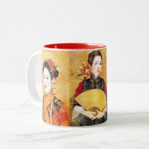 Caneca De Café Em Dois Tons Colagem de retratos vibrantes de uma dama chinesa