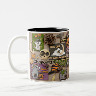 Caneca De Café Em Dois Tons Colagem do Halloween Adicione Nome Bruxa Bat Pumpk