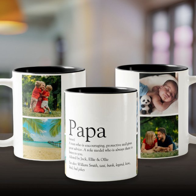 Caneca De Café Em Dois Tons Colagem Fotográfica de Citação de Definição de Pap (Fun Modern Papa Definition Quote Photo Collage Two-Tone Coffee Mug)