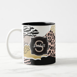 Caneca De Café Em Dois Tons Colagem Zebra Leopard com Monograma e Nome Persona