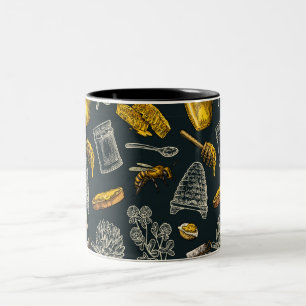 Caneca De Café Em Dois Tons Colmeia de Abelha Mel Escuro Amarelo Vintage Natur