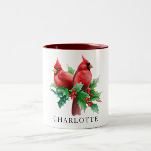 Caneca De Café Em Dois Tons Coloração à água Cardinals Vermelhos Frutas de Aze