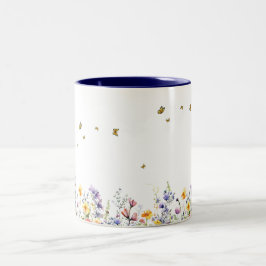 Caneca De Café Em Dois Tons Colorida Flor Silvestre Aquarela com Borboleta