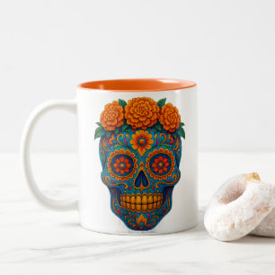 Caneca De Café Em Dois Tons Colorida Marigold Day of the Dead Sugar Skull