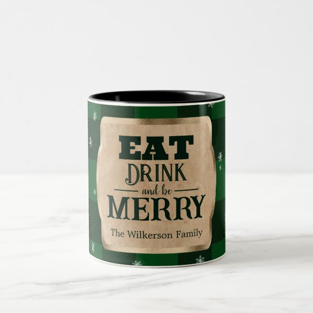 Caneca De Café Em Dois Tons Coma, Beba e Alegre-se Natal Xadrez Verde (Centro)