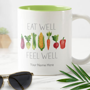 Caneca De Café Em Dois Tons Coma Bem Sinta-se Bem Legumes Orgânicos Aquarela