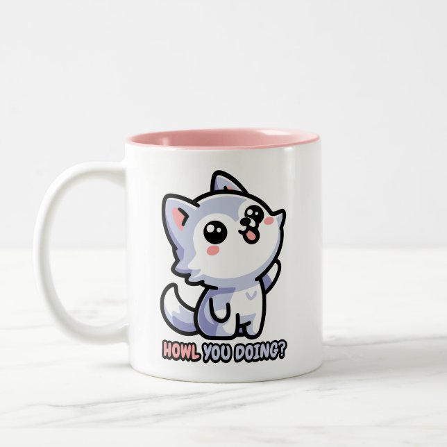 Caneca De Café Em Dois Tons Como vai! Cute Howling Wolf Pun (Esquerda)