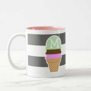 Caneca De Café Em Dois Tons Cone do sorvete em listras horizontais cinzentas