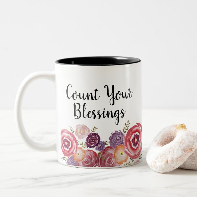 Caneca De Café Em Dois Tons Conte as suas bençãos em flor selvagem (Com Donut)
