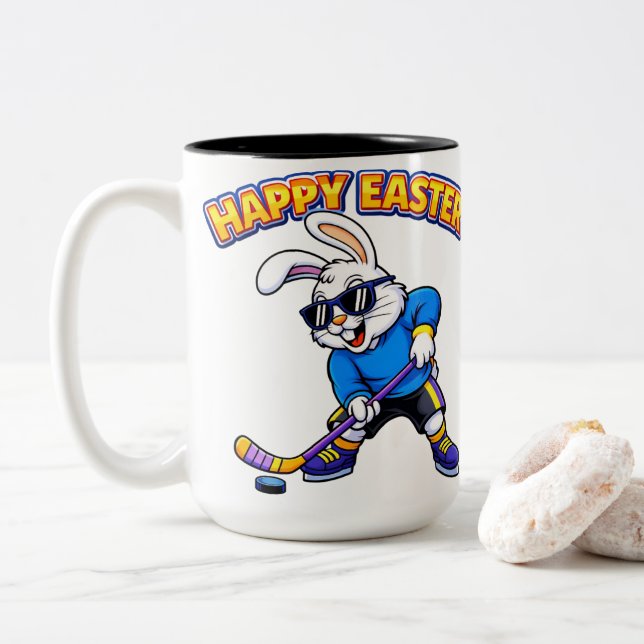Caneca De Café Em Dois Tons Cool Easter Bunny Hockey Player (Com Donut)