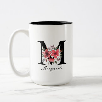 Caneca De Café Em Dois Tons Copo com Letra Monograma Floral M Margaret Nome Pe