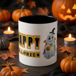 Caneca De Café Em Dois Tons Copo do Fantasma Feliz Halloween Retrô Assustador