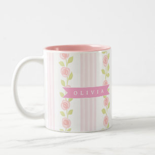 Caneca De Café Em Dois Tons Coquete personalizado feminino rosa floral listrad