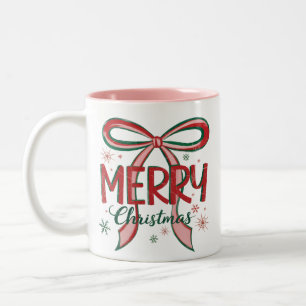 Caneca De Café Em Dois Tons Coquette Feliz Natal Retro Xmas Laço Vintage 