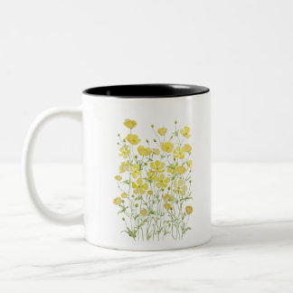 Caneca De Café Em Dois Tons cor d'água do campo das flores amarelas do botão