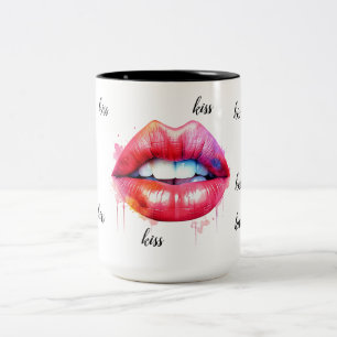 Caneca De Café Em Dois Tons cor d'água lábios pintadas vermelha