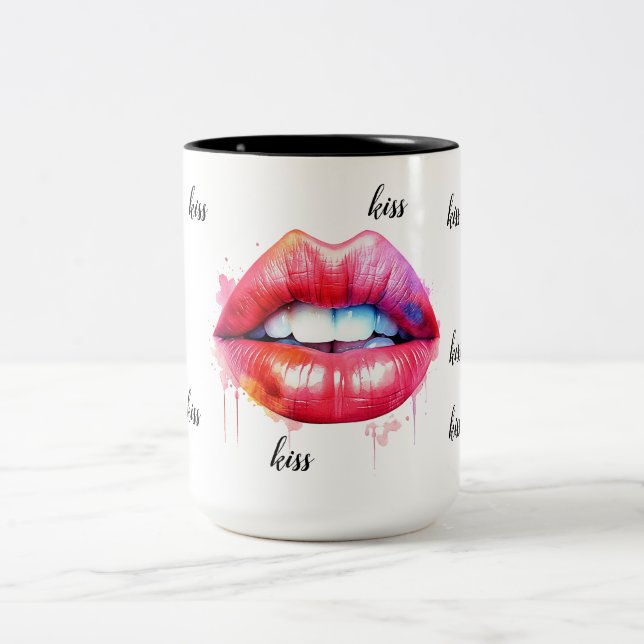 Caneca De Café Em Dois Tons cor d'água lábios pintadas vermelha (Centro)