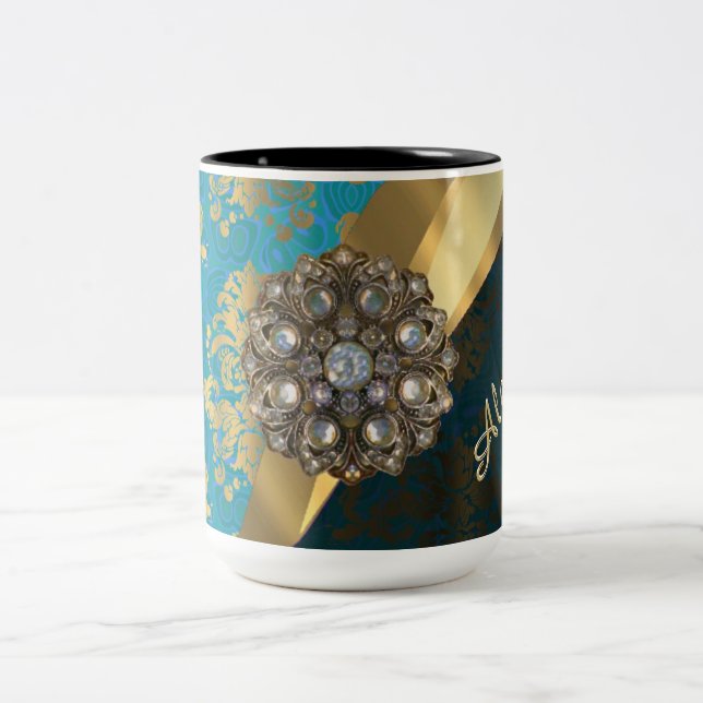 Caneca De Café Em Dois Tons cor damasco aqua personalizada bonito (Centro)