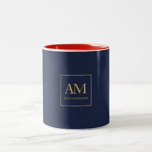 Caneca De Café Em Dois Tons Cor Dourada Azul Monograma Letras Iniciais